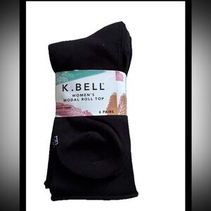 K. BELL Women's Modal Roll Top Crew Socks, size 5.5-10 Shoe, 6 Pairs Black